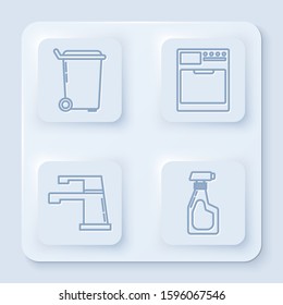 Set line Trash can , Washer , Water tap  and Cleaning spray bottle with detergent liquid . White square button. Vector