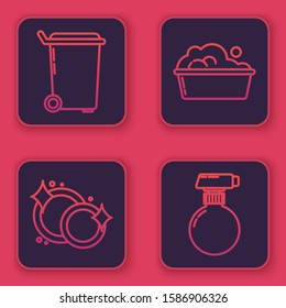 Set line Trash can , Washing dishes , Plastic basin with soap suds  and Cleaning spray bottle with detergent liquid . Blue square button. Vector