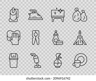 Fijar la línea Bañera de basura, Lavadoras, Mesas limpias, Limpiador de vacío, Ropa de papel higiénico, Pañón de ropa, Botella de pulverización de agua e icono de la escoba de mango. Vector