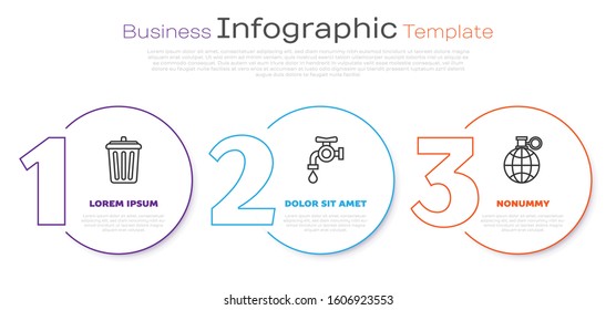 Set line Trash can, Water tap and Planet earth and a recycling. Business infographic template. Vector