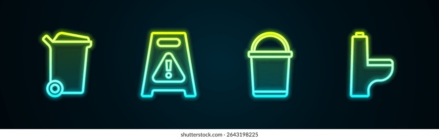 Set line Trash can, Wet floor, Bucket and Toilet bowl. Glowing neon icon. Vector