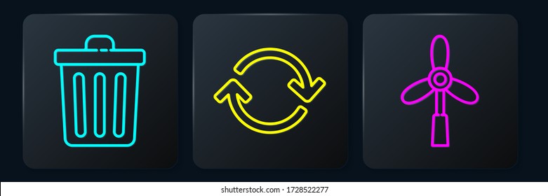 Set line Trash can, Wind turbine and Refresh. Black square button. Vector