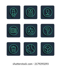 Set line Trash can, Worldwide, Carton cardboard box, Fragile broken glass, Magnet, Microwave oven, Lactose free and Unknown search icon. Vector