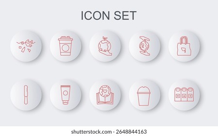Set line Trash in garbage cans sorted, Disposable plastic knife, Hand holding Earth globe, Paper glass water, Problem of pollution planet, Cream cosmetic tube and book icon. Vector