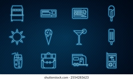 Set line Travel brochure, Ice cream, Passport with visa stamp, in waffle cone, Sun, Street stall awning, Martini glass and ticket icon. Vector