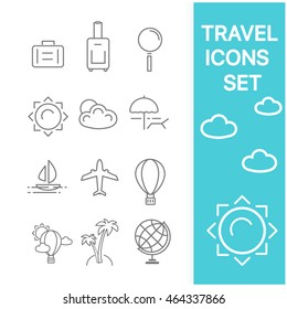   Set of line travel icons. Bag, sun, cloud, airplane, umbrella, boat, palm tree, magnifier