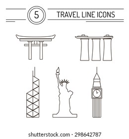 Set of line travel icons. Modern vector symbols of famous sightseeings including Big Ben, Statue of Liberty, Marina Bay Sands, Japan Arch and Bank of China Tower located in Hong Kong.