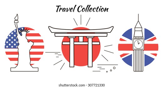 Set of line travel icons with round flags on the background. Modern vector symbols of famous sightseeings including Big Ben, Statue of Liberty, Marina Bay Sands, Japan Arch.
