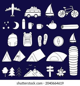 Set of line travel items for the hike. Vector elements isolated. Transport plane motorhome boat bike and tents and dishes and sleeping bag and mountains. Line art Illustrations.