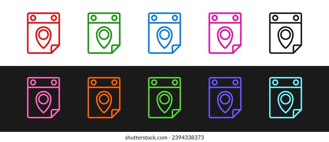 Set line Travel planning calendar icon isolated on black and white background. A planned holiday trip.  Vector