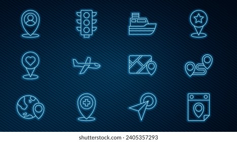 Fijar línea Calendario de planificación de viajes, Ubicación de la ruta, Ruta de la línea de envío, Avión, Ubicación con corazón, persona, Infografía de la navegación del mapa de la ciudad e Icono de semáforo. Vector