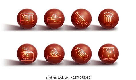 Set line Travel postcard, Photo camera with flash, Wooden beer mug, Bottle of water, Tourist tent, Shark fin in ocean wave, Swimming trunks and Watermelon icon. Vector