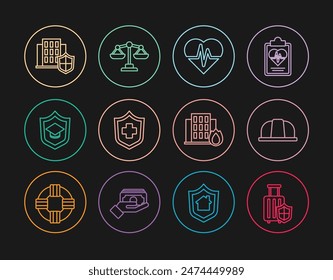 Set line Travel suitcase with shield, Worker safety helmet, Health insurance, Graduation cap, House, Fire burning house and Scales of justice icon. Vector