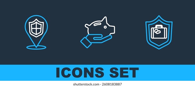 Set line Travel suitcase with shield, Location and Piggy bank icon. Vector