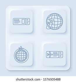 Set line Travel ticket, Globe with flying plane, Globe with flying plane and Airline ticket. White square button. Vector