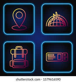 Set line Travel ticket, Hiking backpack, Map pin and Globe with flying plane. Gradient color icons. Vector