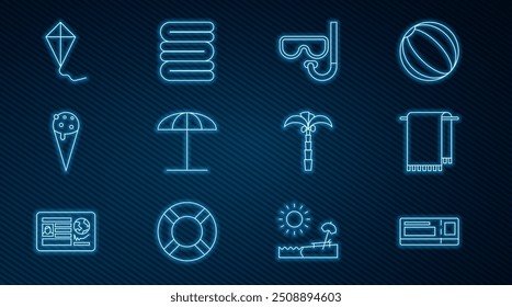 Set line Travel ticket, Towel on hanger, Diving mask and snorkel, Sun protective umbrella for beach, Ice cream waffle cone, Kite, Tropical palm tree and stack icon. Vector