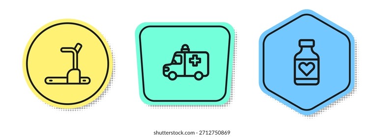 Set línea Máquina de cinta de correr, ambulancia y coche de emergencia y píldora de vitaminas. Formas de colores. Vector