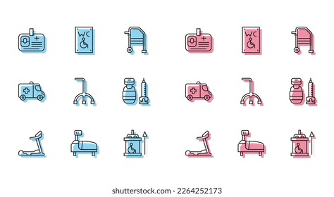 Línea Treadmill Machine, cama de hospital, insignia de identificación, ascensor para discapacitados, bastón para caminar, jeringa, auto de emergencia e icono de inodoro separado. Vector