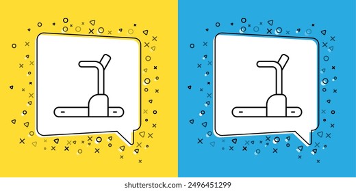 Establecer el icono de la máquina de la cinta de correr aislado en fondo amarillo y azul.  Vector