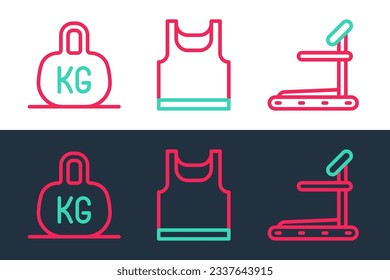 Set line Treadmill machine, Weight and Sleeveless t-shirt icon. Vector