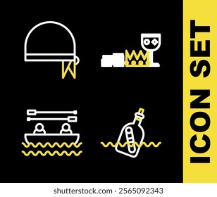 Set line Treasure and riches, Bottle with message in water, Boat oars and Pirate bandana for head icon. Vector