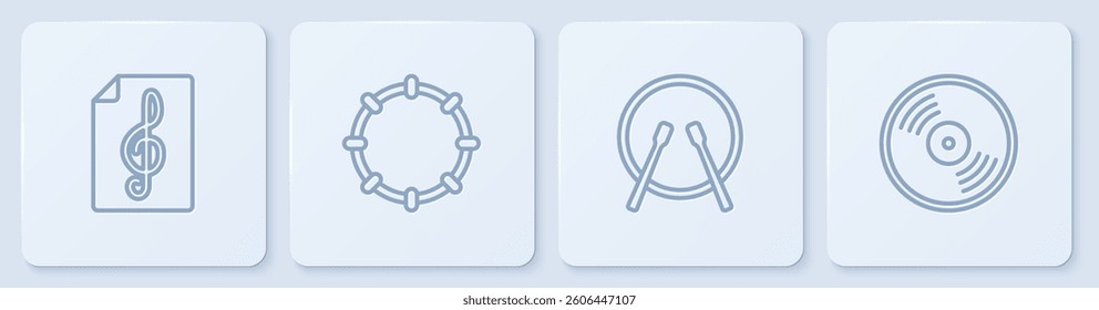 Set line Treble clef, Drum and drum sticks, Tambourine and Vinyl disk. White square button. Vector