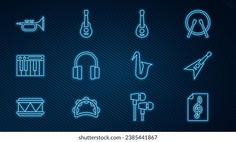 Set line Treble clef, Electric bass guitar, Guitar, Headphones, Music synthesizer, Trumpet, Musical instrument saxophone and  icon. Vector