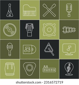 Set line Treble clef, Music note, tone, Xylophone, Drum sticks, Guitar, Vinyl disk,  and Stereo speaker icon. Vector