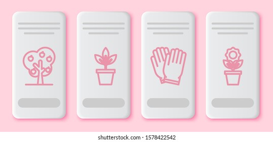 Set line Tree with apple, Flowers in pot, Garden gloves and Flower in pot. White rectangle button. Vector