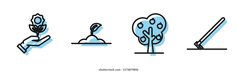 Set line Tree with apple, Hand holding flower, Sprout and Garden rake in work icon. Vector