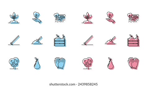 Set line Tree with apple, Pear, Plant, Garden gloves, trowel spade or shovel in the ground, Wooden box for fruits and vegetables, rake work and hand of environmental protection icon. Vector