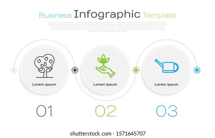 Set line Tree with apple, Plant in hand of environmental protection and Watering can. Business infographic template. Vector
