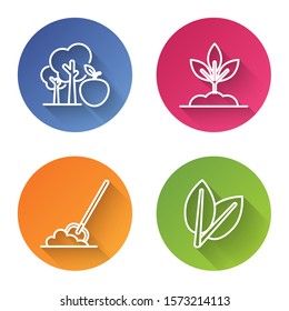 Set line Tree with apple, Plant, Shovel in the ground and Leafs. Color circle button. Vector