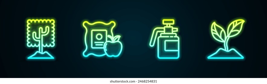 Set line Tree, Apple in the sack, Garden sprayer for fertilizer and Plant. Glowing neon icon. Vector