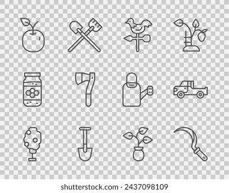 Set Linie Baum mit Apfel, Sichel, Hahn Wetterfahne, Schaufel, Apfel, Holzaxt, Pflanze und Pickup-Truck-Symbol. Vektor