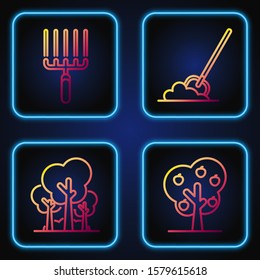 Set line Tree with apple, Trees, Garden rake in work and Shovel in the ground. Gradient color icons. Vector