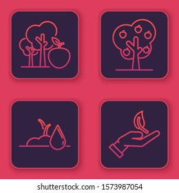 Set line Tree with apple, Watering sprout, Tree with apple and Sprout in hand of environmental protection. Blue square button. Vector