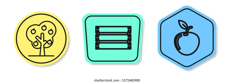 Set line Tree with apple, Wooden box and Apple. Colored shapes. Vector