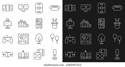 Set line Tree, Balloons, Magician hat and rabbit, Hockey table, Roller coaster, ball, Stacks paper money cash and Vending machine icon. Vector