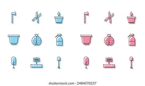 Set line Tree, Blank wooden sign board, Wooden axe, Shovel, Ladybug, Garden sprayer, Flower pot and Gardening handmade scissors icon. Vector