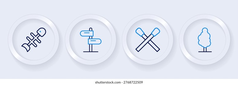 Set line Tree, Burning match with fire, Road traffic sign and Dead fish icon. Vector