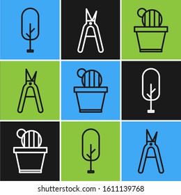 Set line Tree, Cactus and succulent in pot and Gardening handmade scissors icon. Vector