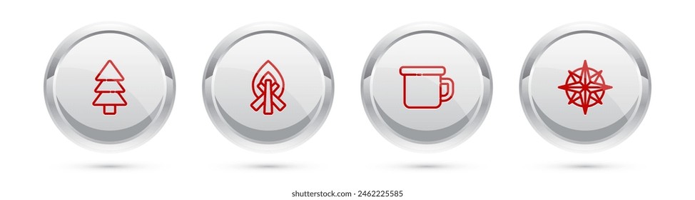 Set line Tree, Campfire, Camping metal mug and Wind rose. Silver circle button. Vector