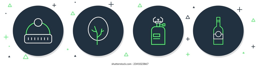 Set line Tree, Camping gas stove, Winter hat and Bottle of vodka icon. Vector