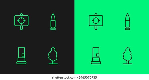 Set line Tree, Cartridges, Target sport and Bullet icon. Vector