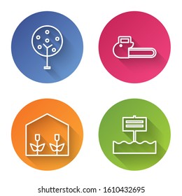 Set line Tree, Chainsaw, Home greenhouse and plants and Blank wooden sign board. Color circle button. Vector