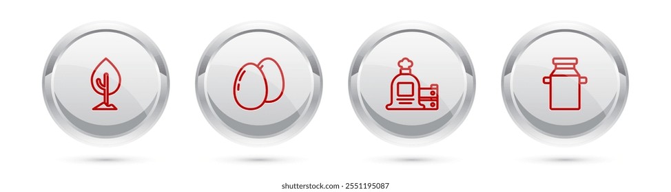 Set line Tree, Chicken egg, Full sack and wooden box and Can container for milk. Silver circle button. Vector