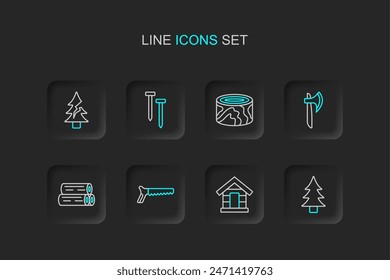 Set line Tree, Dog house, Hand saw, Wooden log, axe, logs, Metallic nails and  icon. Vector