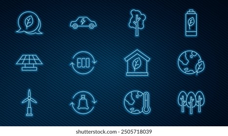 Set line Tree, Earth globe and leaf, Leaf Eco symbol, Solar energy panel, friendly house and Electric car icon. Vector